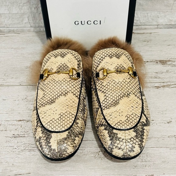 Gucci Princetown Python Fur Slipper EU 38 US 8 Horsebit Mule Loafer Flats Beige - Picture 5 of 16